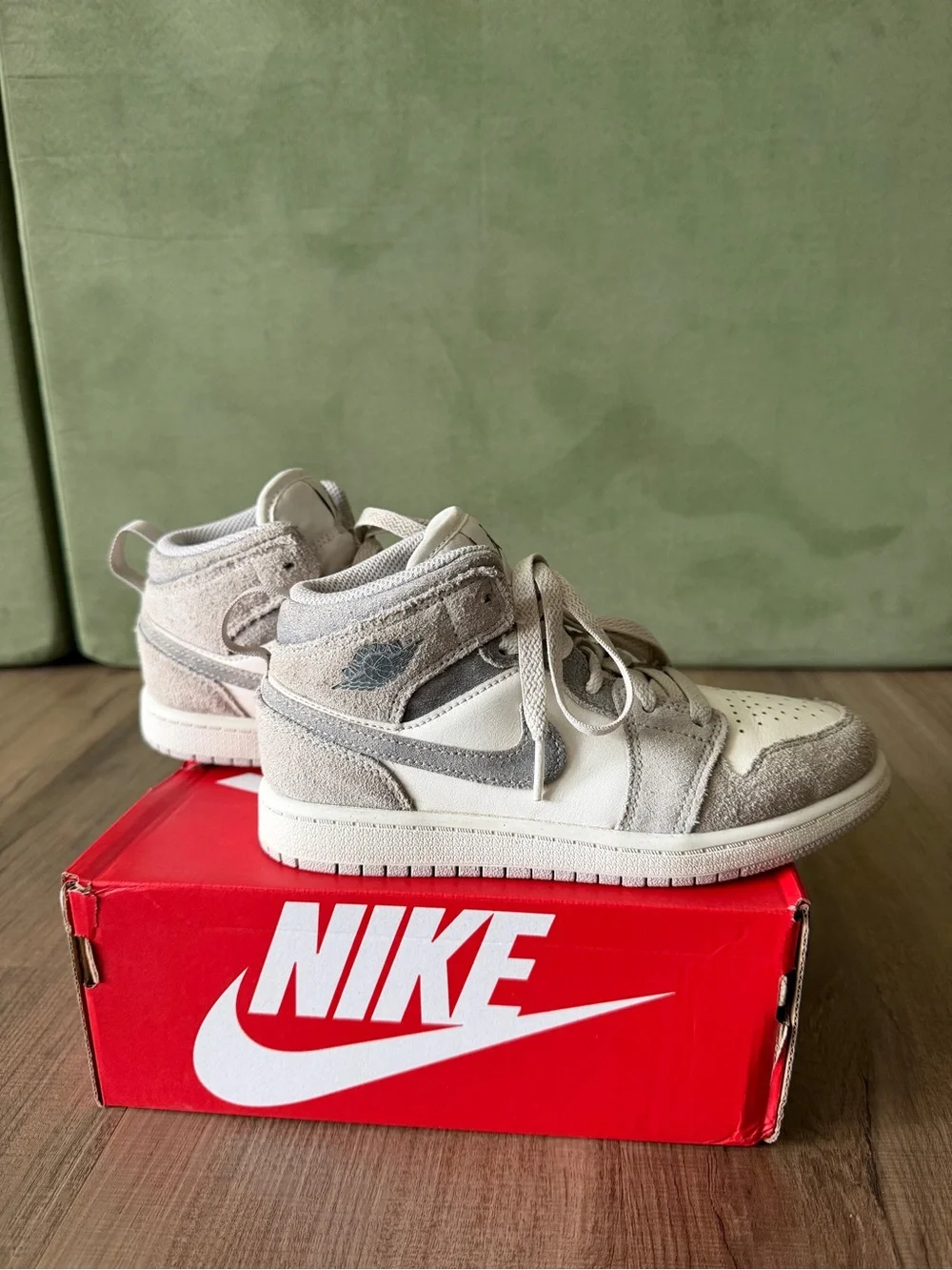Nike Kids' Air Jordan 1 Mid White and suede Gray Sneakers